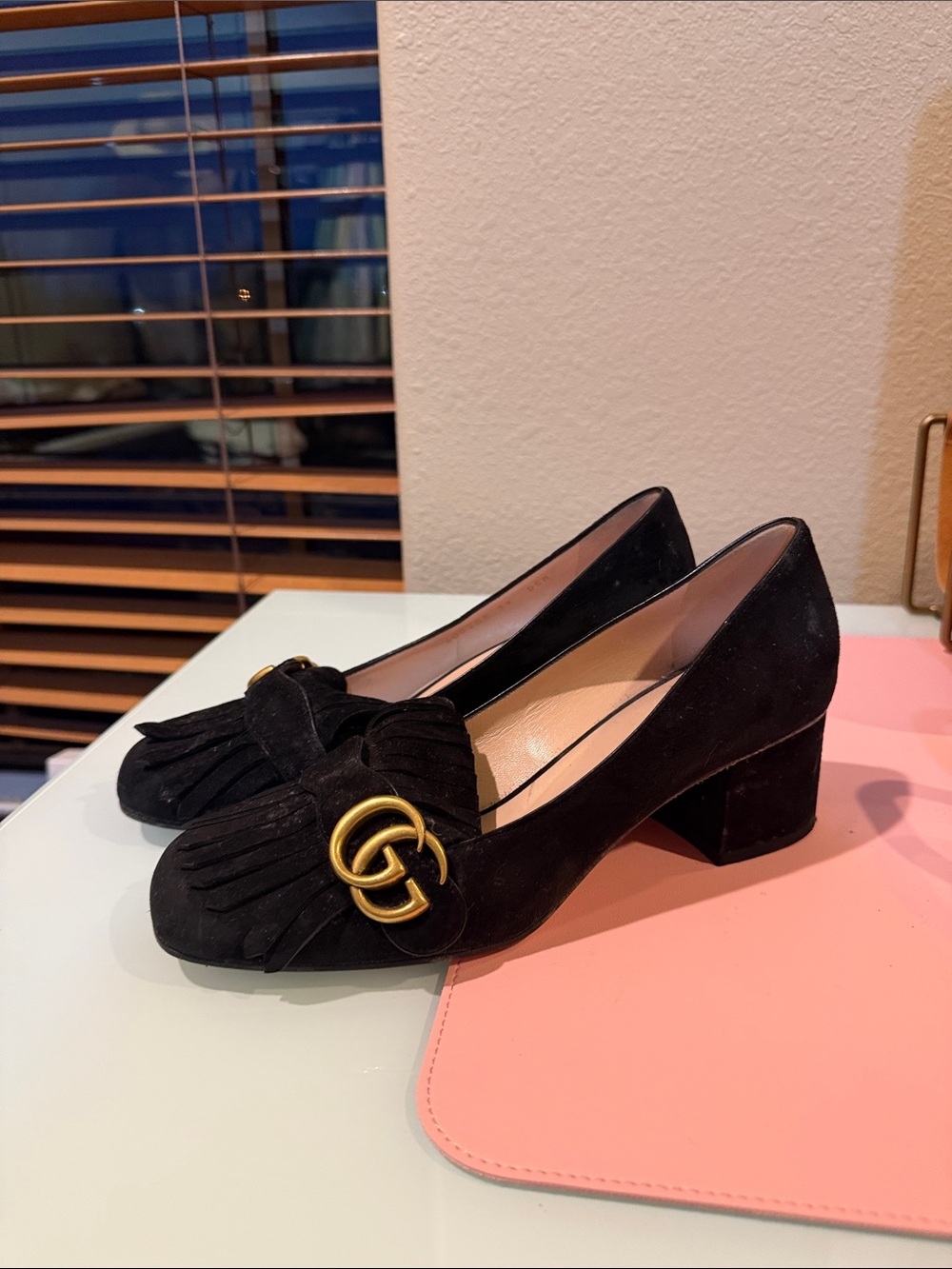 Gucci Marmont Black Suede Low Block Heel Loafers with Gold GG Accent